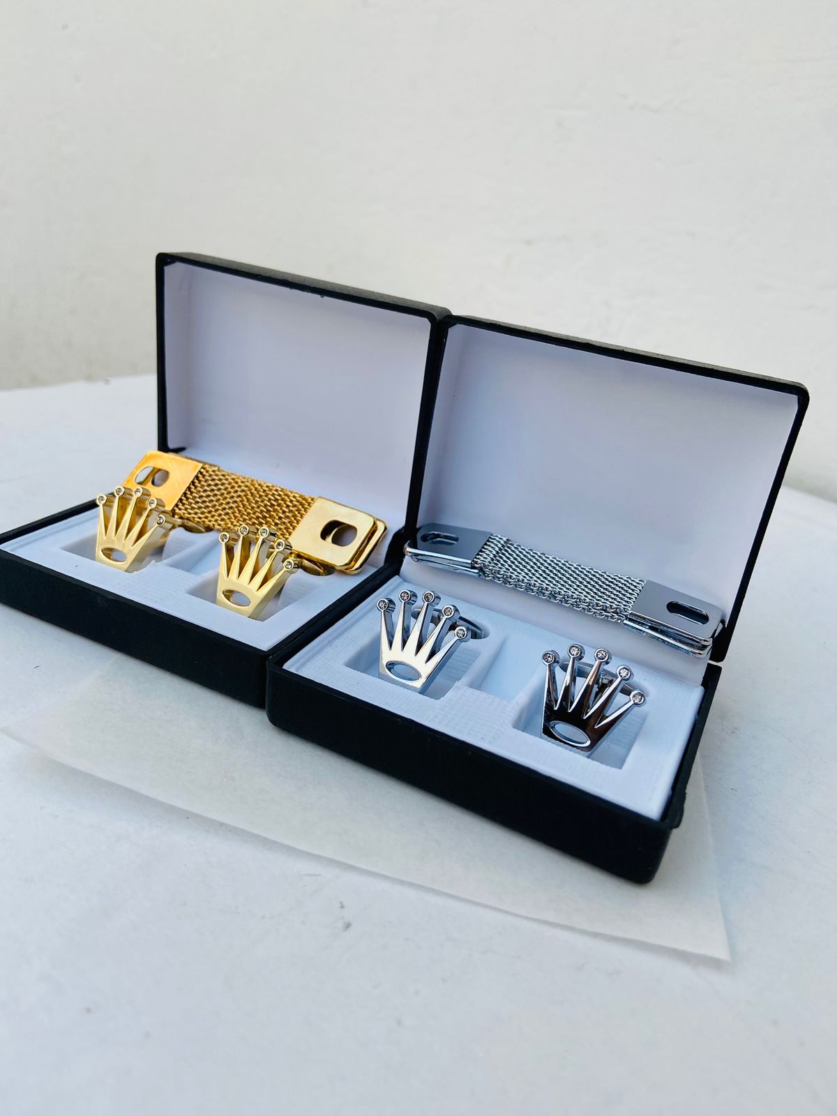 Crown R0LEX Cufflinks with Logo Box and Chain